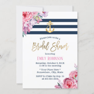 Nautical Gold Anchor Vintage Floral Bridal Shower Invitation