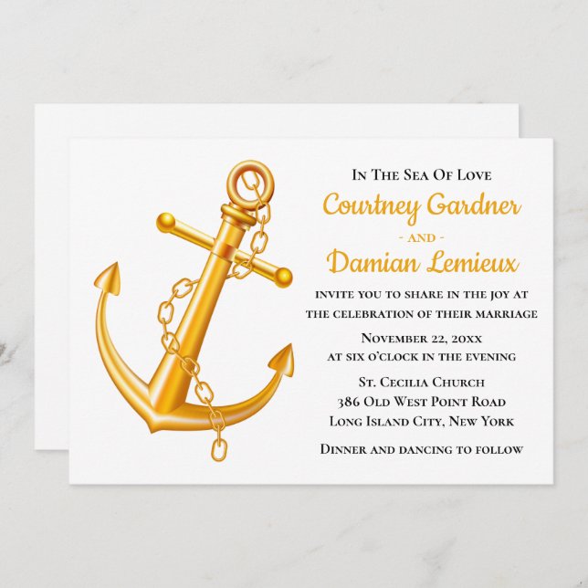 Nautical Gold Anchor Wedding Beach Summer Invitation (Front/Back)
