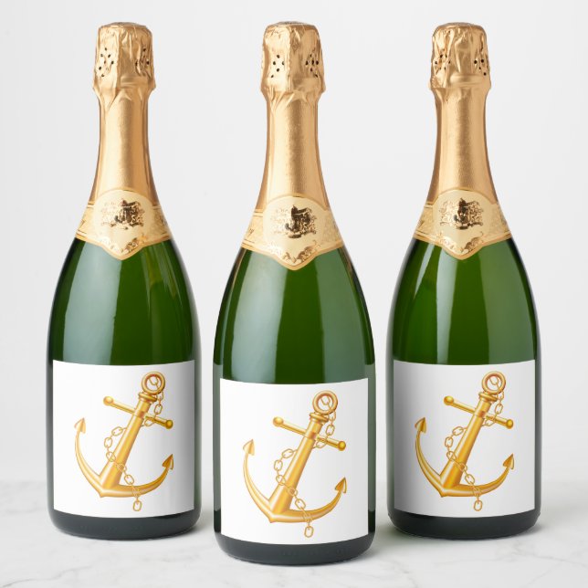 Nautical Gold Anchor Wedding Engagement Beach Sparkling Wine Label (Bottles)
