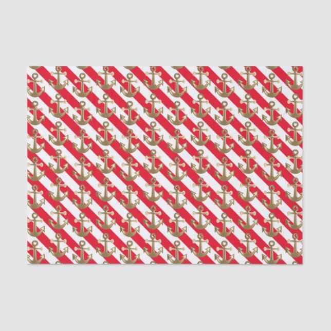 Nautical | Gold Anchors | White Stripes Tissue Paper (Front)
