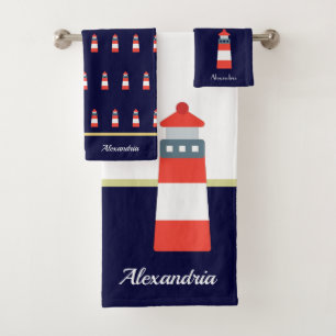Nautical Gold and navy blue Lighthouse Bath Towel