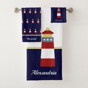 Nautical Gold and navy blue Lighthouse Bath Towel 