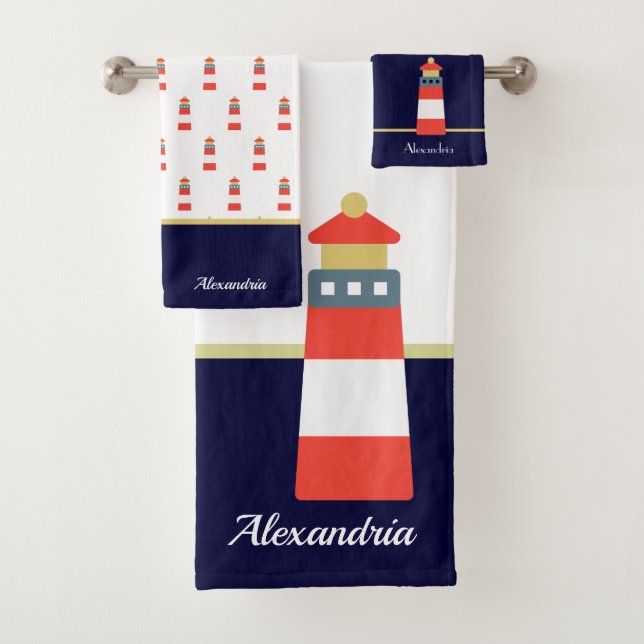 Nautical Gold and navy blue Lighthouse Bath Towel  (Insitu)