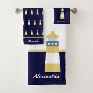 Nautical Gold and navy blue Lighthouse Bath Towel Set