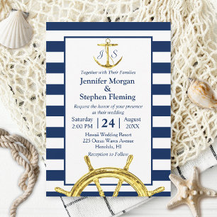 Nautical Gold and Navy Blue Stripes Wedding Invitation