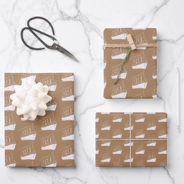 Nautical Gold and White Ship Sailing Boat  Wrapping Paper Sheet (Front)