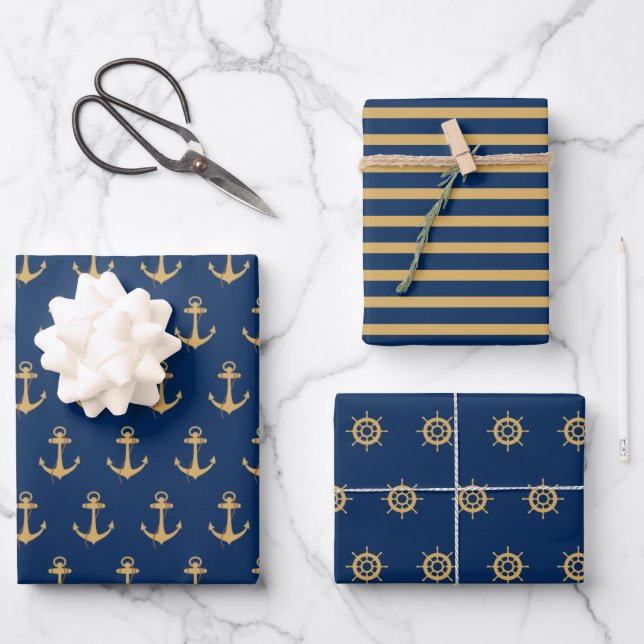 Nautical Gold Blue Navy  Anchor Stripes Boat Wheel Wrapping Paper Sheet (Front)