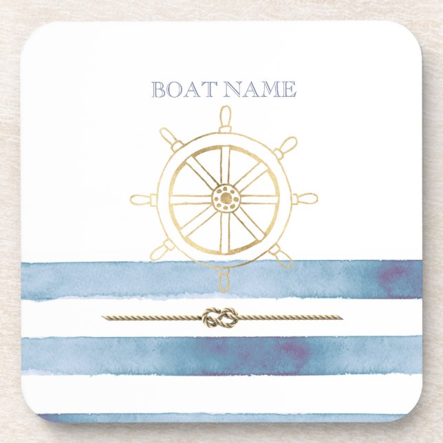 Nautical Gold Boat Wheel,Blue Watercolor Stripes   Coaster (Front)