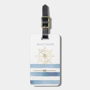 Nautical Gold Boat Wheel,Blue Watercolor Stripes Luggage Tag