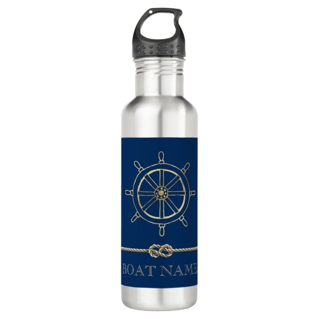 Nautical Gold Boat Wheel,Navy Blue  710 Ml Water Bottle (Front)