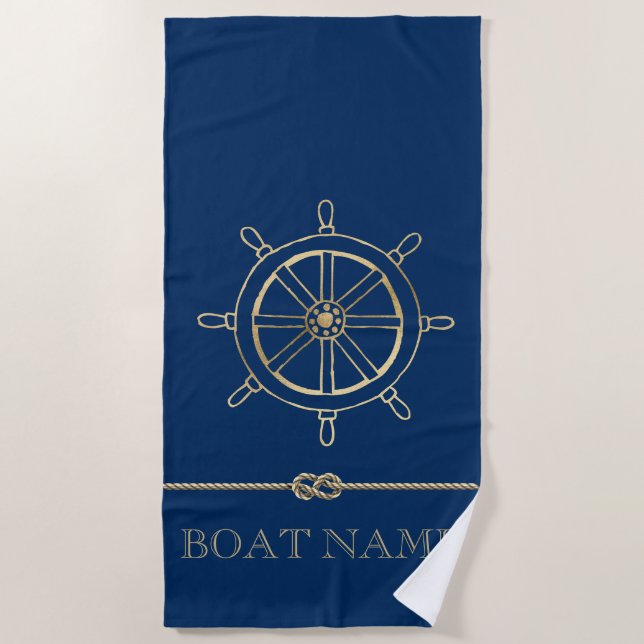 Nautical Gold Boat Wheel,Navy Blue  Beach Towel (Front)