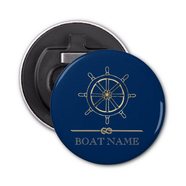 Nautical Gold Boat Wheel,Navy Blue  Bottle Opener (Front)