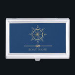 Nautical Gold Boat Wheel,Navy Blue  Business Card Holder<br><div class="desc">This image features an gold boat wheel, on a navy blue background.</div>
