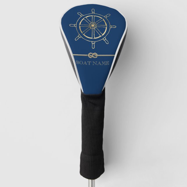 Nautical Gold Boat Wheel,Navy Blue   Golf Head Cover (Front)