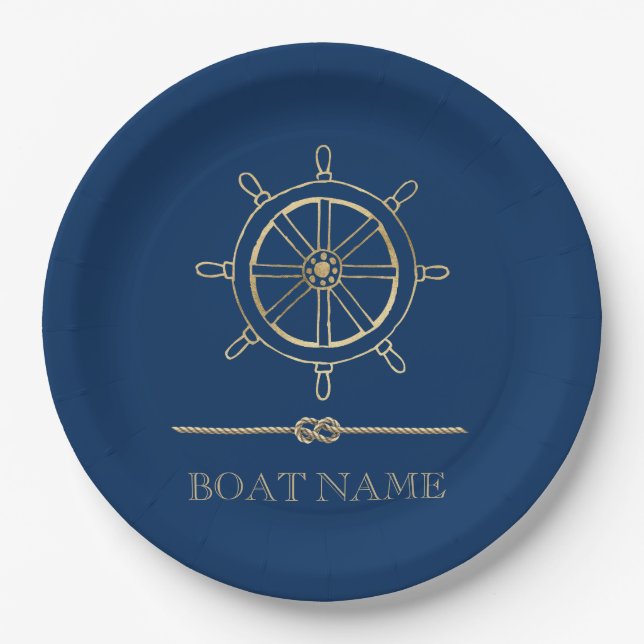 Nautical Gold Boat Wheel,Navy Blue  Paper Plate (Front)