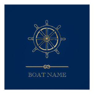 Nautical Gold Boat Wheel,Navy Blue   Poster