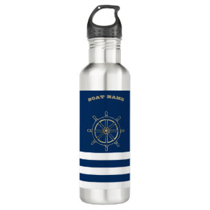 Nautical,Gold Boat Wheel, Navy Blue Stripes 710 Ml Water Bottle