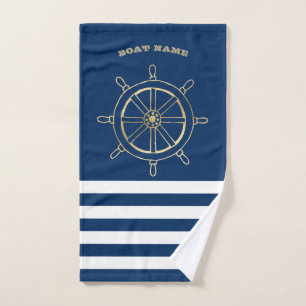 Nautical,Gold Boat Wheel, Navy Blue Stripes  Bath Towel Set
