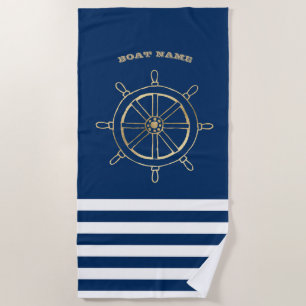 Nautical,Gold Boat Wheel, Navy Blue Stripes   Beach Towel
