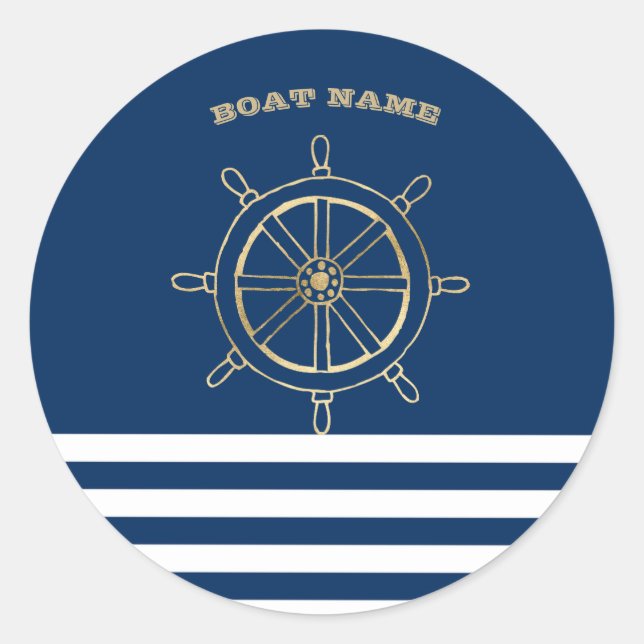 Nautical,Gold Boat Wheel, Navy Blue Stripes Classic Round Sticker (Front)