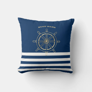 Nautical,Gold Boat Wheel, Navy Blue Stripes Cushion
