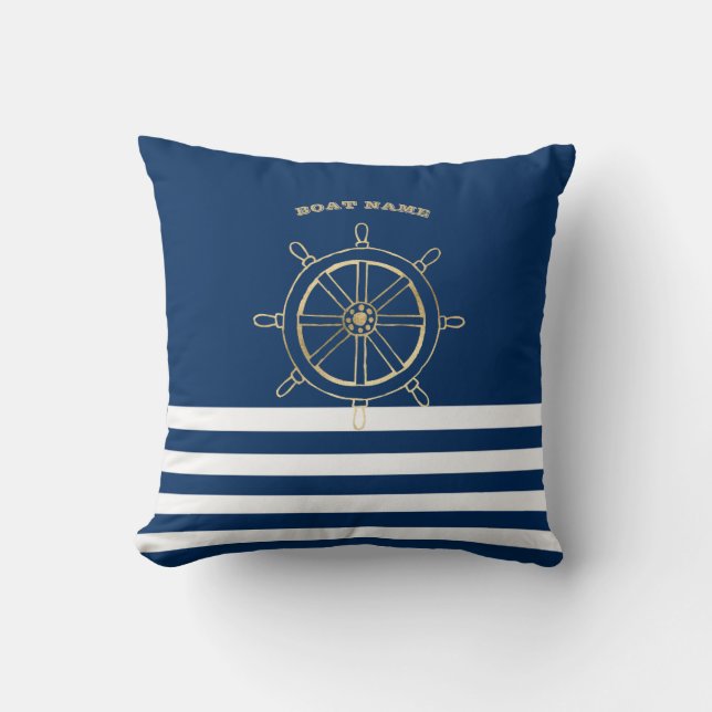 Nautical,Gold Boat Wheel, Navy Blue Stripes    Cushion (Front)