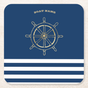 Nautical,Gold Boat Wheel, Navy Blue Stripes      Square Paper Coaster
