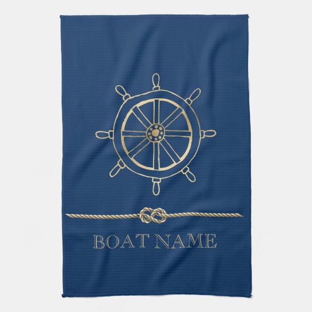 Nautical Gold Boat Wheel,Navy Blue  Tea Towel (Vertical)