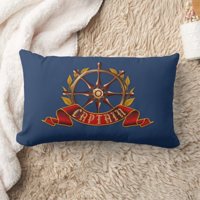 Nautical Gold Captain's Wheel Navy Blue Lumbar Cushion (Blanket)