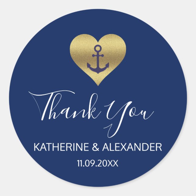 Nautical Gold Heart Anchor Navy Blue Wedding Seals (Front)
