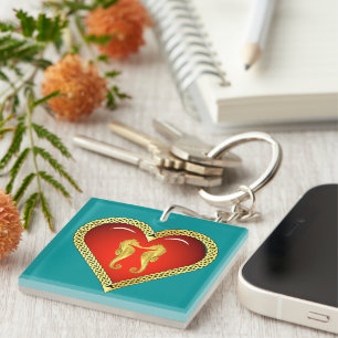 Nautical gold seahorse Celtic red heart/aqua  Key Ring