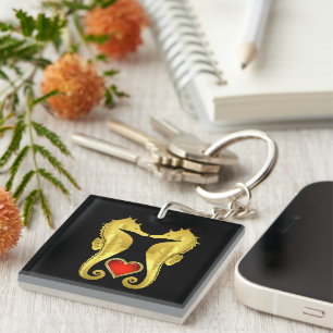 Nautical gold seahorse Celtic red heart/black Key Ring