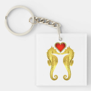 Nautical gold seahorse Celtic red heart/black Key Ring