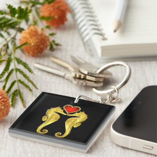 Nautical gold seahorse Celtic red heart/black Key Ring