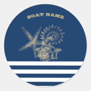 Nautical,Gold Seashells Navy Blue Stripes   Classic Round Sticker