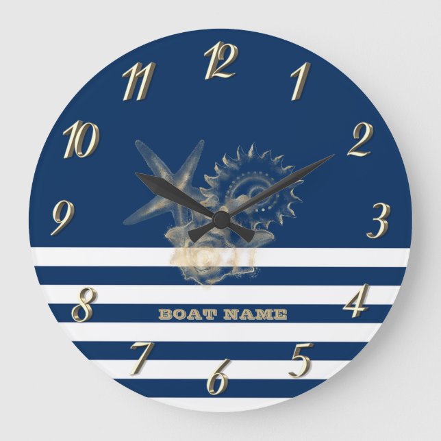 Nautical,Gold Seashells Navy Blue Stripes   Large Clock (Front)