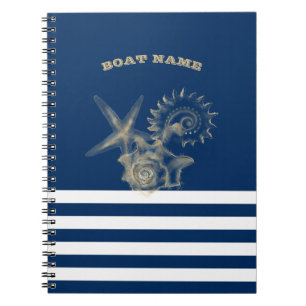 Nautical,Gold Seashells Navy Blue Stripes Notebook