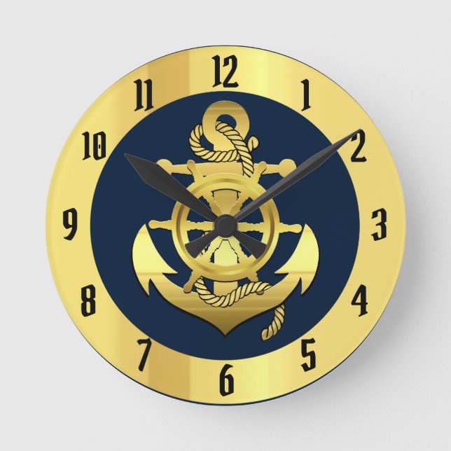 Nautical gold ship/boat anchor/navy blue round clock (Front)