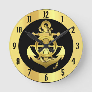 Nautical gold ship/boat anchor on black round clo clock