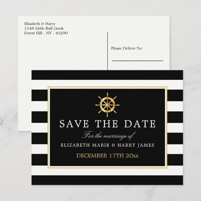 Nautical Gold Wheel, Black & Gold Save the Date Announcement Postcard (Front/Back)