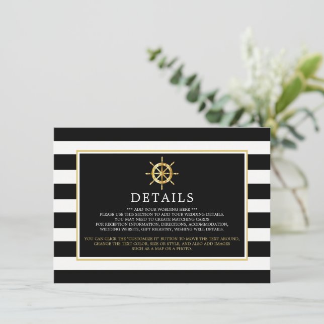 Nautical Gold Wheel, Black & Gold Wedding Detail Enclosure Card (Standing Front)