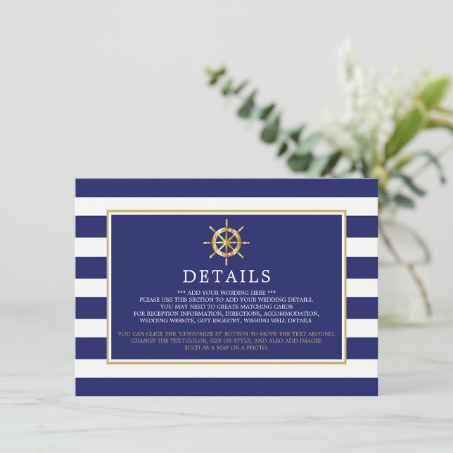 Nautical Gold Wheel, Navy & Gold Wedding Detail Enclosure Card (Standing Front)