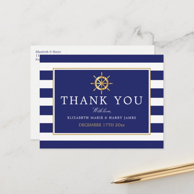 Nautical Gold Wheel, Navy & Gold Wedding Thank You Postcard (Front/Back In Situ)