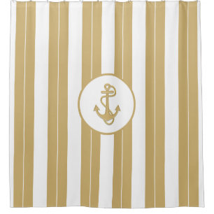 Nautical Gold White Vertical Stripes  with Anchor  Shower Curtain