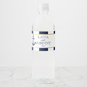 Nautical, Gold with Navy Stripes Water Bottle Label