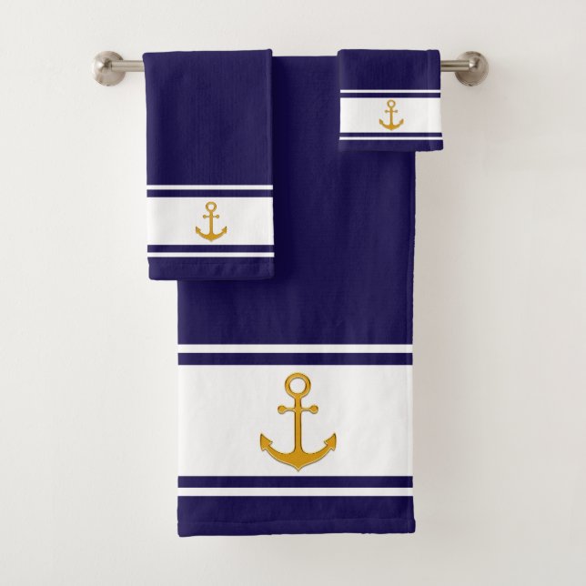 Nautical  golden anchor on navy blue & white bath towel set (Insitu)