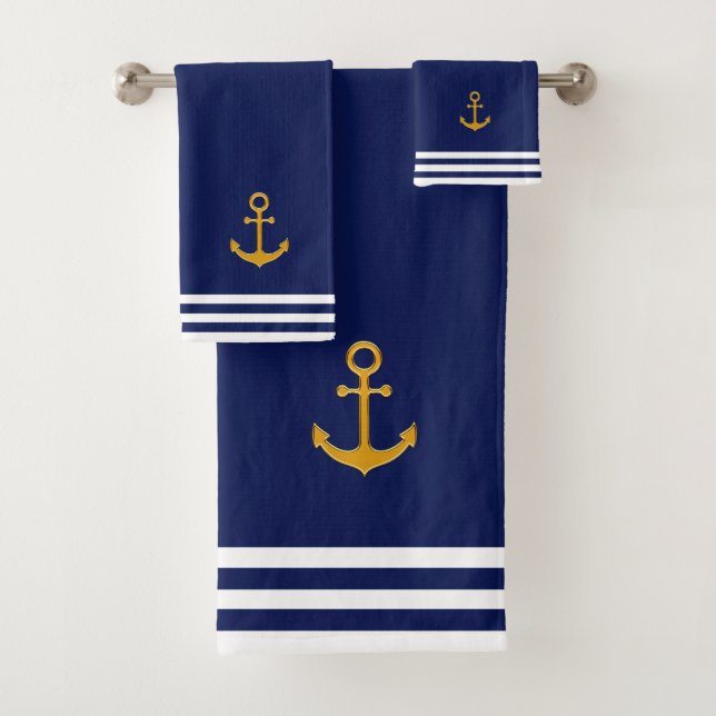 Nautical Golden Anchor & Stripes on Navy Blue Bath Towel Set (Insitu)