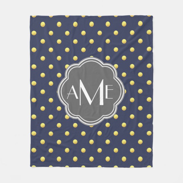 Nautical Golden Polka Dots & Grey Monogrammed Fleece Blanket (Front)
