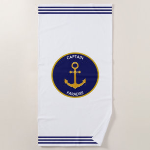 Nautical Golden Ship Anchor on White & Navy Blue Beach Towel