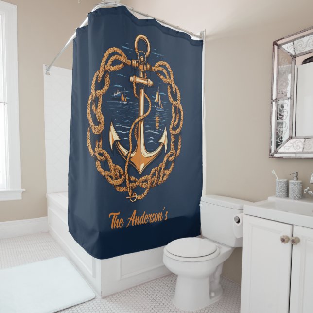 Nautical Golden Ship’s Anchor Shower Curtain (In Situ)